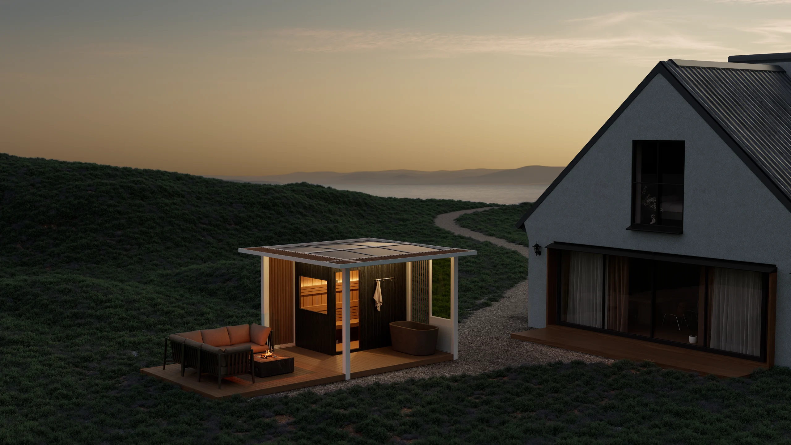 An illuminated OS1 pavilion in a coastal landscape at dusk