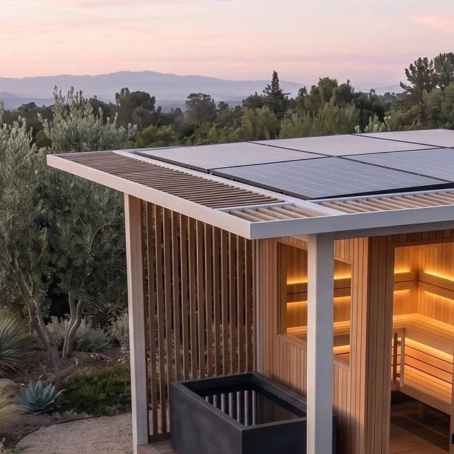 A Solar Pavilion with roof-mounted photovoltaic panels over a warmly lit sauna at dusk